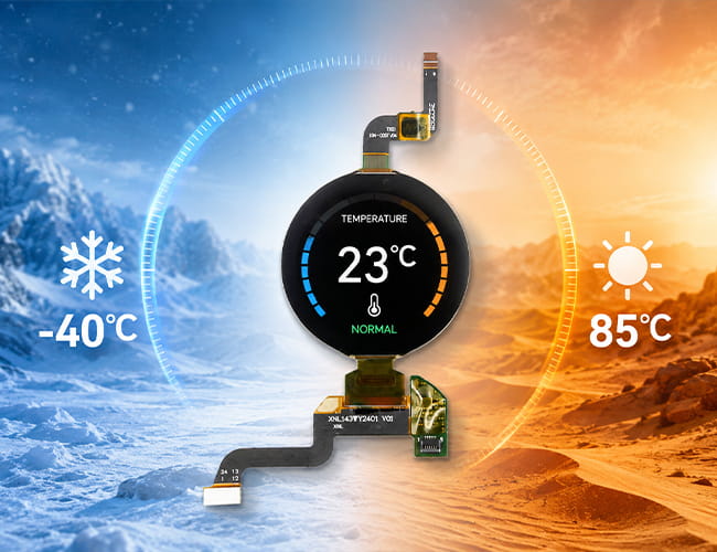 1.43 inch round AMOLED on-cell touch display shown in a wide temperature operation concept from -40°C to 85°C.