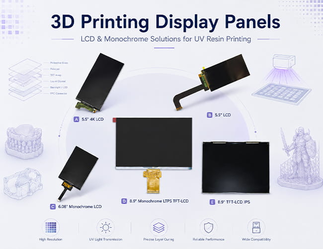 3D printing display panels category banner showing LCD and monochrome display solutions for UV resin printing