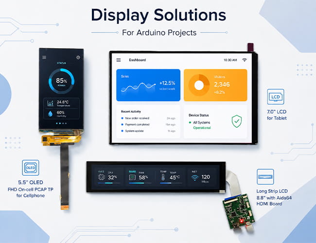 Arduino display solutions showcase featuring a 5.5 inch OLED, 7.0 inch LCD, and 8.8 inch long strip LCD with HDMI board for embedded display projects