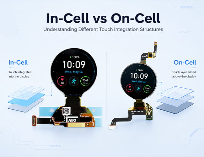 In-Cell and On-Cell round display modules compared side by side, showing different touch integration structures for compact OLED displays.
