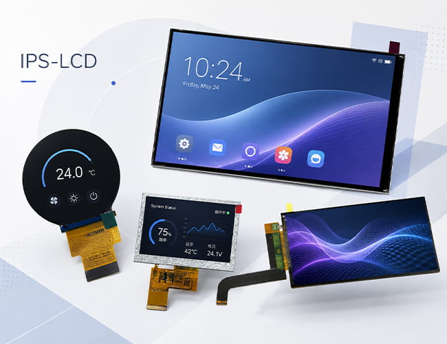 IPS LCD display panel category image showing round, industrial, tablet, and compact LCD modules for embedded display applications.