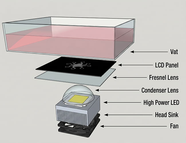 LCD-based MSLA resin 3D printer optical structure diagram with resin vat, LCD panel, lenses, LED, heat sink, and fan