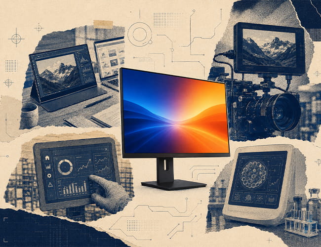 Editorial collage-style monitor display category visual showing a central display screen with portable monitor, camera monitor, industrial touchscreen and medical device application scenes