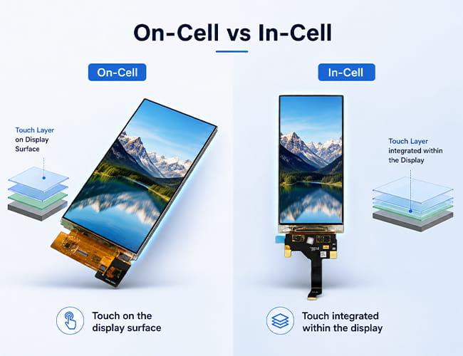 On-Cell vs In-Cell display comparison showing different touch layer integration structures on OLED screen modules.