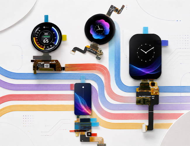 QSPI display panel category image showing multiple AMOLED and OLED modules connected by four colored data lanes, including round and vertical display formats for wearable and compact embedded applications.