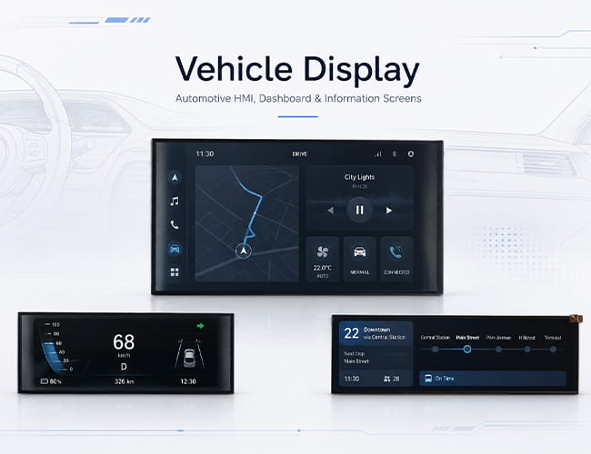 Vehicle display panels showing automotive HMI, dashboard display and vehicle information screen applications.