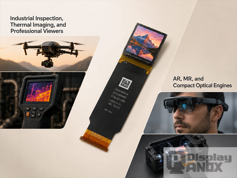 1.03 inch Micro OLED display for industrial inspection, thermal imaging, AR, MR and compact optical engine applications.