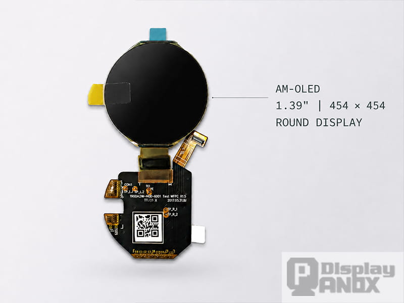 1.39-inch round AM-OLED display with 454×454 resolution, circular OLED panel with FPC cable and PCB test board featuring QR code