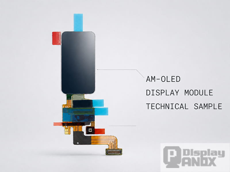 1.47-inch AM-OLED display module technical sample, vertical rectangular OLED panel with blue protective film, gold FPC ribbon cable, and PCB with components