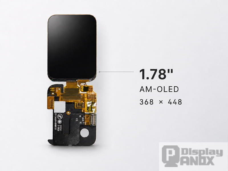 1.78-inch AM-OLED display module with 368×448 resolution, showing rounded rectangular OLED panel, gold FPC ribbon cable, and PCB board