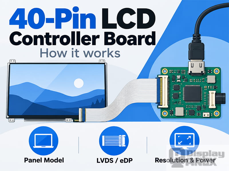 40-pin LCD controller board connected to an LCD panel, showing the LVDS or eDP interface, panel compatibility, resolution, and power requirements.