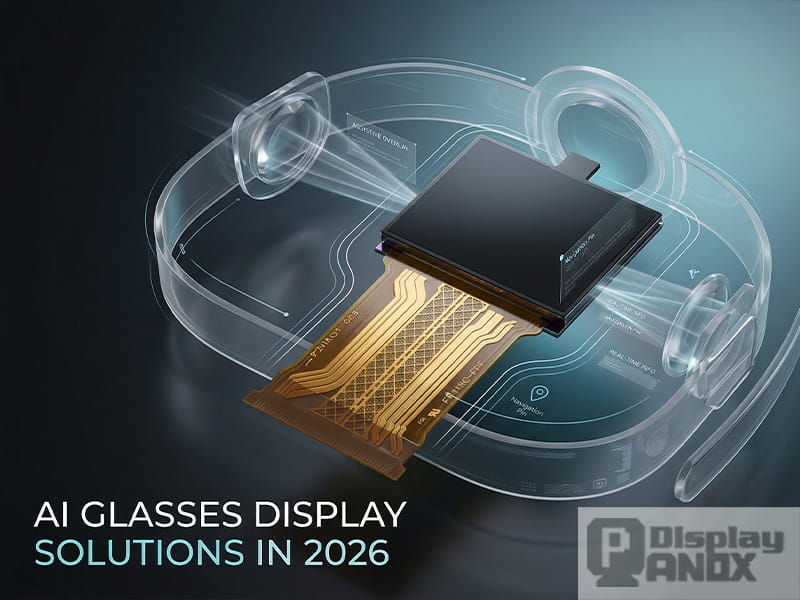 Micro OLED display module visualized as the core display engine for AI glasses display solutions in 2026, with transparent smart glasses optics and futuristic near-eye display elements.