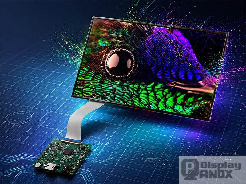AMOLED display panel showcasing vibrant peacock feather visual with deep blacks and saturated colors, connected to a green PCB driver board on a blue technical blueprint background — illustrating AMOLED display technology by Panox Display.