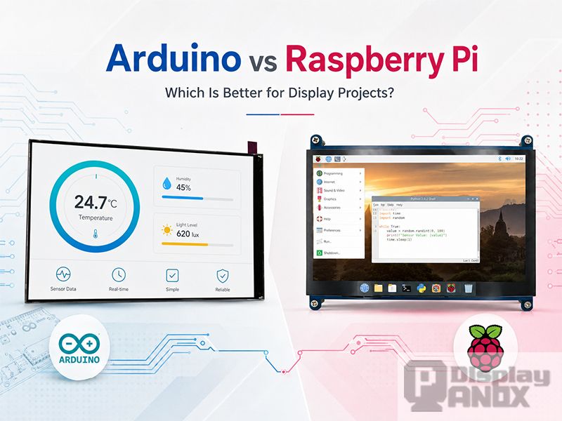 Hero image comparing Arduino and Raspberry Pi for display projects, showing a 7.0 inch LCD panel for Arduino-style sensor control and a 7 inch Raspberry Pi touchscreen display with desktop interface.