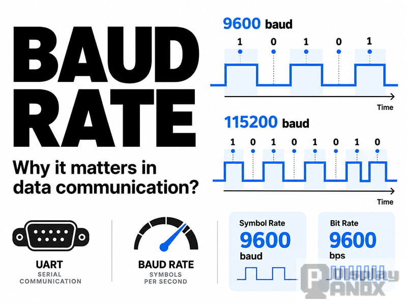 Baud rate in data communication comparing 9600 and 115200 baud, with UART serial signals and symbol rate versus bit rate.
