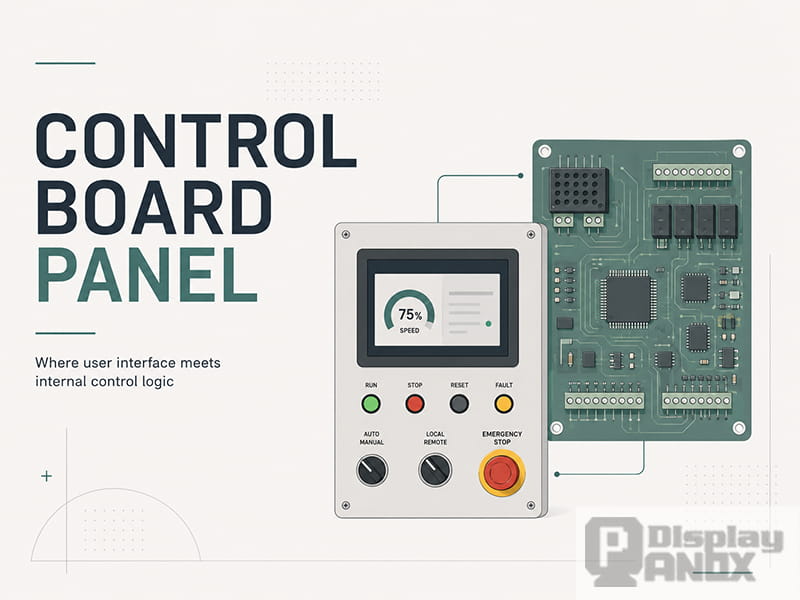 Control board panel showing the user interface, HMI controls, emergency stop, and internal PCB control logic.