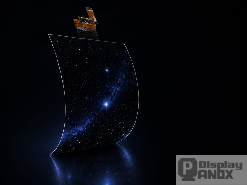 7.8 inch flexible OLED display curved into a C-shape against deep black background, showing starfield content that highlights OLED's pure blacks and high contrast