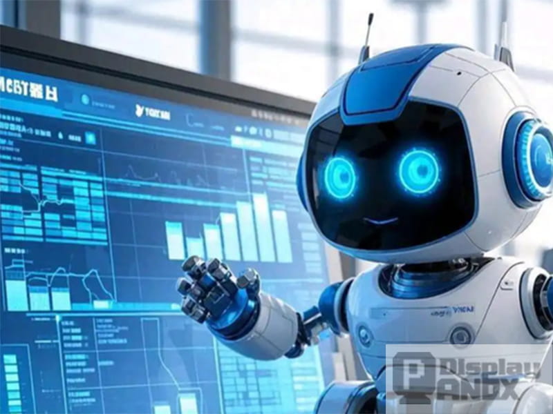 Humanoid robot with bright blue OLED eye displays analyzing data on a dashboard, illustrating flexible OLED applications in robot face design