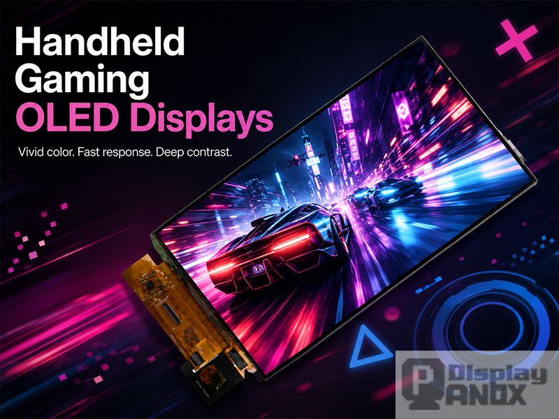 Hero image for handheld gaming OLED displays, showing a 7 inch AMOLED OLED display module with FPC connector and vivid high-contrast racing game visuals to highlight deep blacks, fast response, and vibrant color performance.
