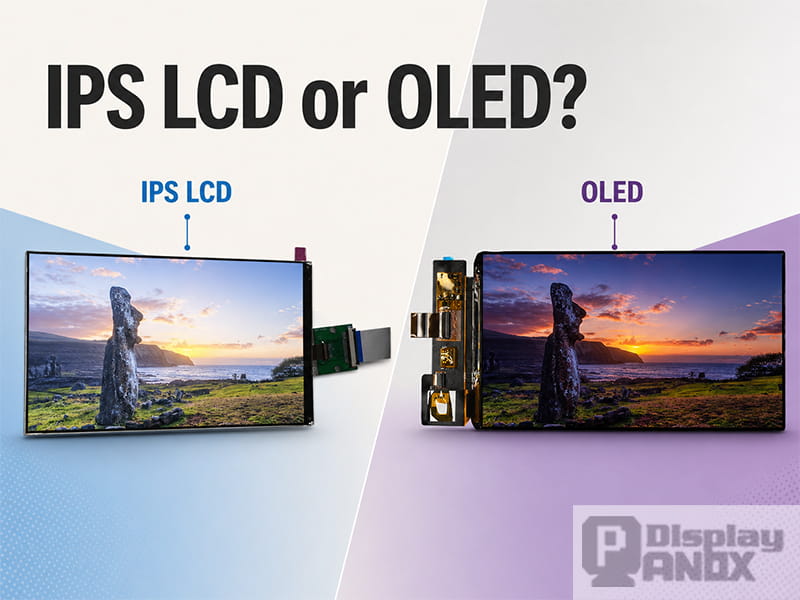 Side-by-side comparison of a 7-inch IPS LCD and a 7-inch AMOLED OLED display module.