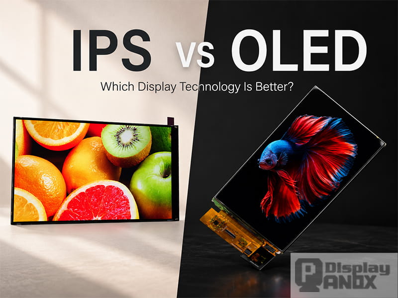 Hero image comparing IPS and OLED display technology, showing a 7.0 inch IPS LCD panel and a 7 inch AMOLED OLED panel side by side.