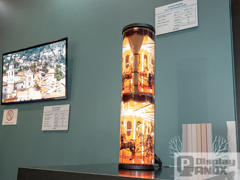 JOLED 21.6 inch 4K flexible OLED column display exhibition sample showing European architecture footage