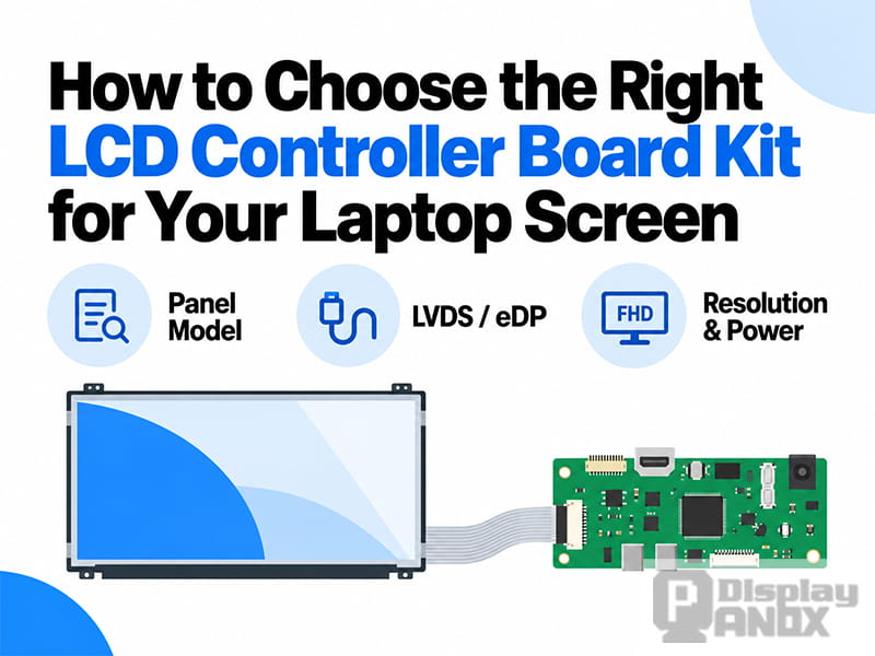 Laptop LCD panel connected to an LCD controller board kit, highlighting panel model, LVDS or eDP interface, resolution, and power compatibility.