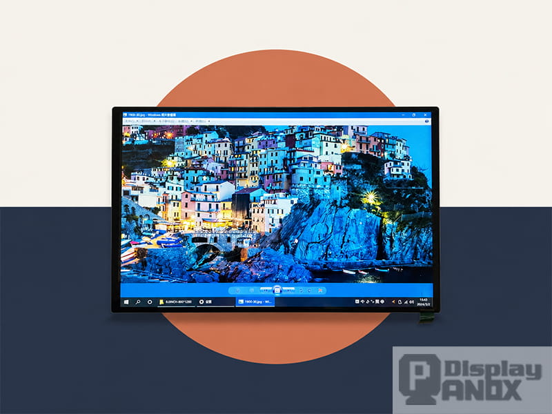 8-inch LCD display panel with LED backlight showing a vivid landscape image, illustrating modern display technology for OEM projects