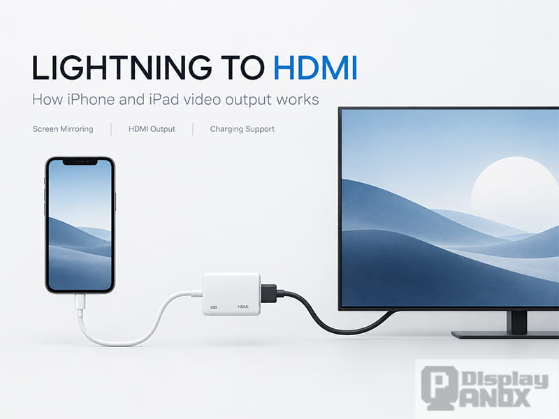 Lightning to HDMI adapter connecting an iPhone to an external display for screen mirroring and video output.