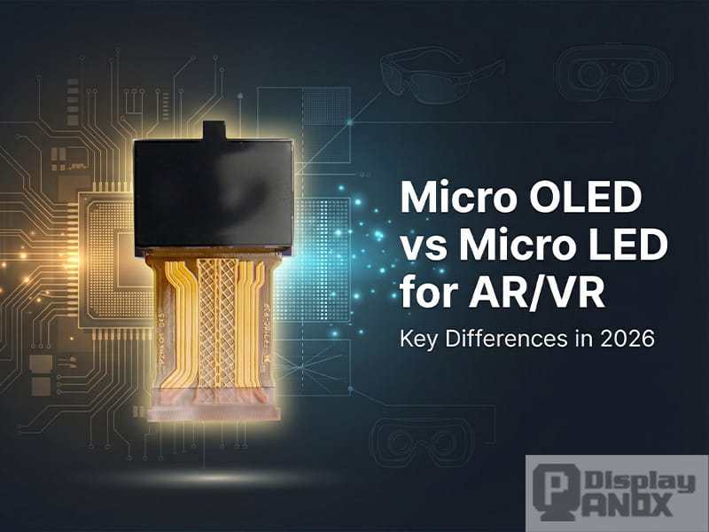 Hero image comparing Micro OLED and Micro LED for AR/VR, featuring a Micro OLED display module with golden flex cable, glowing chip graphics, and futuristic near-eye display icons on a dark blue tech background.