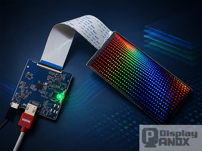 Mobile display panel connected to a driver board with RGB pixel matrix on screen