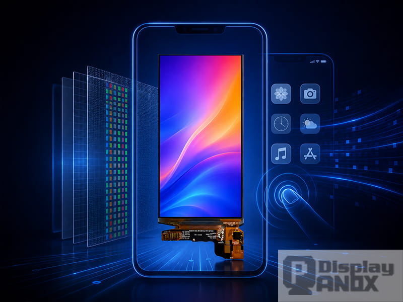 Mobile display panel inside a smartphone frame with touch and pixel structure visualization