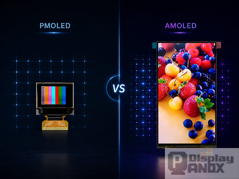 PMOLED and AMOLED display comparison showing a small PMOLED module and a larger vivid AMOLED panel