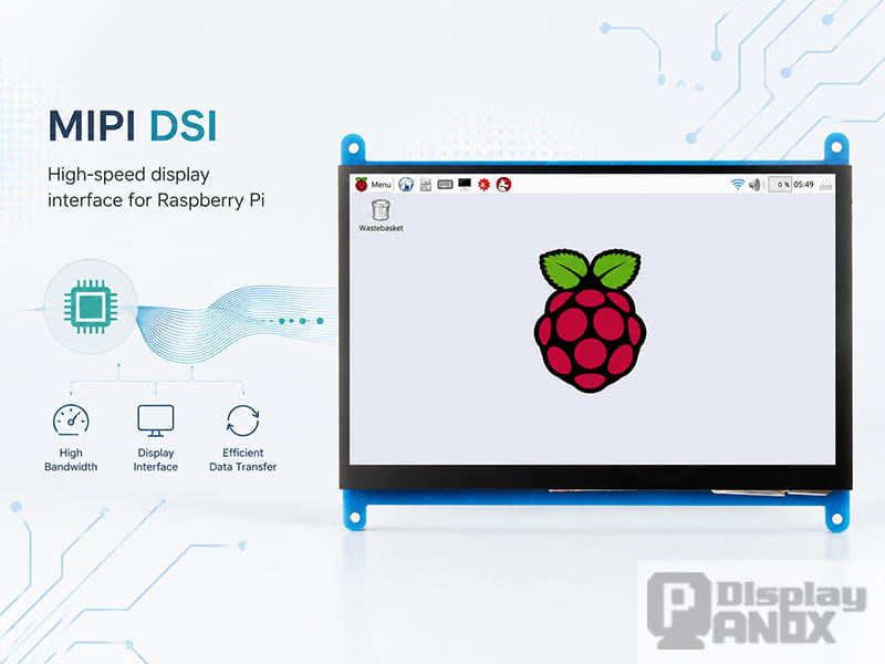 7-inch Raspberry Pi touchscreen display illustrating the MIPI DSI interface, high bandwidth, and efficient data transfer.