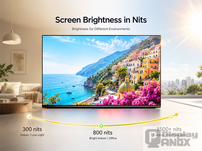 Hero image explaining screen brightness in nits, showing a vivid display under different lighting environments with 300 nits, 800 nits, and 1500+ nits brightness levels for indoor, office, and outdoor use.