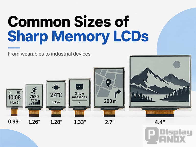 Comparison of common Sharp Memory LCD sizes from 0.99 to 4.4 inches, featuring low-power reflective displays for wearable and industrial applications.