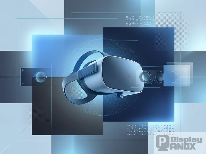 VR headset in a blue-toned editorial collage style, representing advanced display technology and immersive visual experience in modern VR systems.