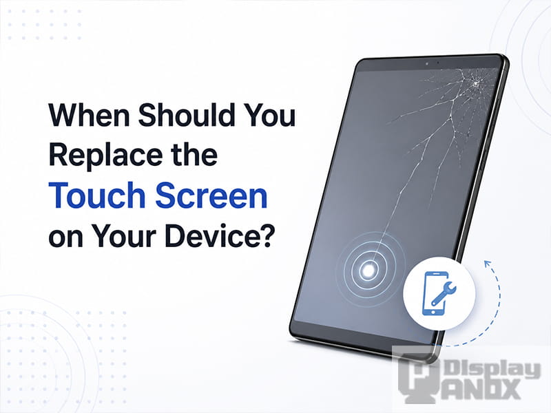Cracked touch screen device with repair icon and replacement guide title