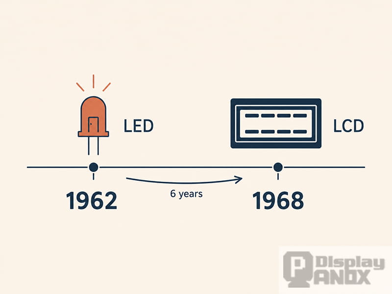 Timeline showing LED was invented in 1962 and LCD followed in 1968, illustrating which display technology came first