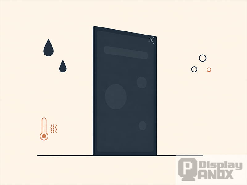 Illustration of a fragile OLED display surrounded by water droplets, heat, and oxygen showing environmental vulnerabilities