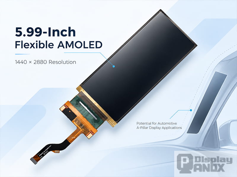 5.99-inch 1440×2880 flexible AMOLED display module with FPC connector, shown alongside a concept illustration of an automotive A-pillar application.