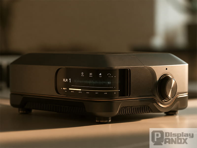 High-end Hi-Fi preamplifier concept featuring a 5.99-inch flexible AMOLED display integrated into a curved front panel with a large metal volume knob.