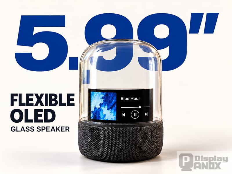 Graphic design featuring a transparent glass dome smart speaker with an integrated 5.99-inch flexible OLED music display and bold blue typography.