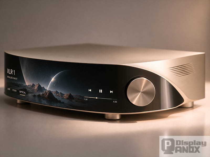 Modern Hi-Fi preamplifier concept featuring a 6.52-inch flexible OLED display, sweeping curved front fascia, champagne-colored metal enclosure, and large volume knob.