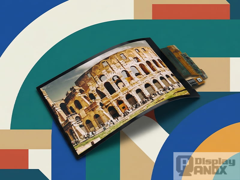 A 7.8-inch flexible OLED display module shown in a curved state over a bold geometric graphic background, highlighting the screen’s bendable structure and vivid display effect.