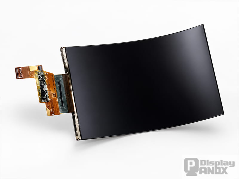 7.8-inch flexible OLED display module with a curved black screen and exposed flexible printed circuit (FPC) connector, shown on a white background.