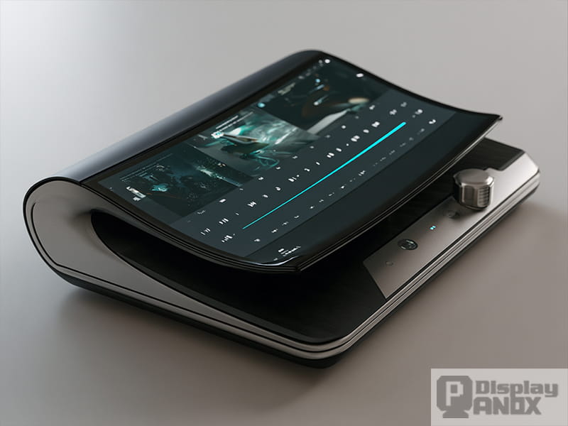 Conceptual Hi-Fi music console featuring a raised 7.8-inch flexible OLED display with a flowing curved surface above a compact audio control base.