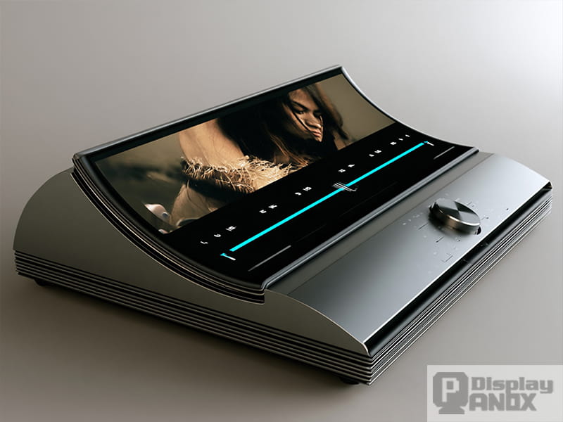 High-end Hi-Fi music system concept with a 7.8-inch flexible OLED display following a sculpted curved enclosure, music playback interface, and metal control knob.