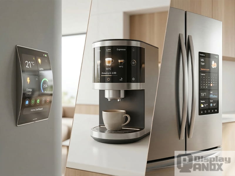 7.8-inch flexible OLED applications in smart home and IoT devices, including a curved wall control panel, smart coffee machine display, and refrigerator touch screen