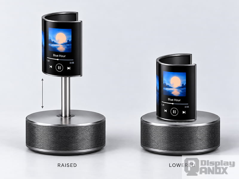 Side-by-side comparison of raised and lowered positions of a curved 7.8-inch flexible OLED display mounted on a height-adjustable smart speaker.
